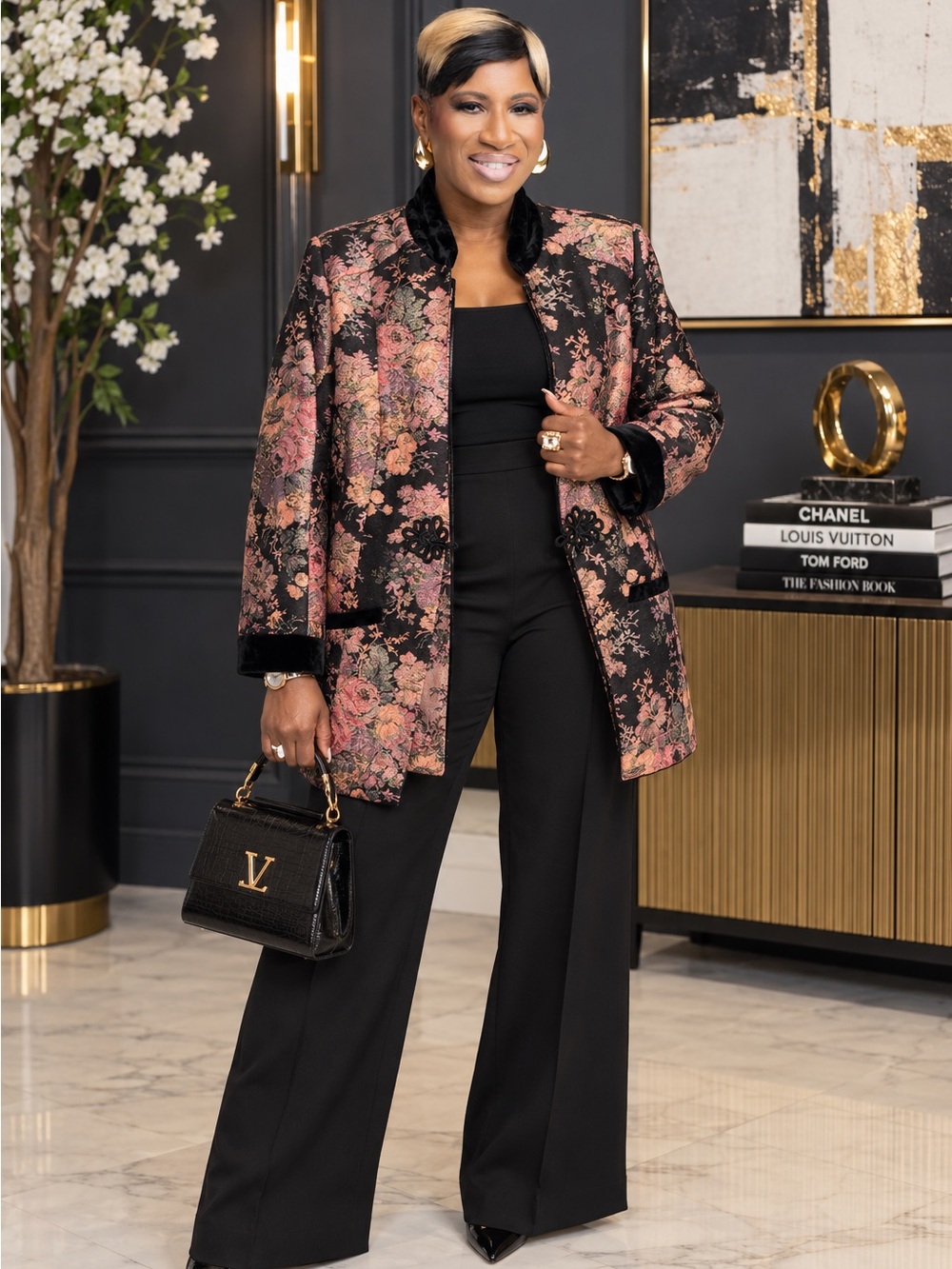 Soft Surroundings Black Floral Brocade Jacket with Pink Accents